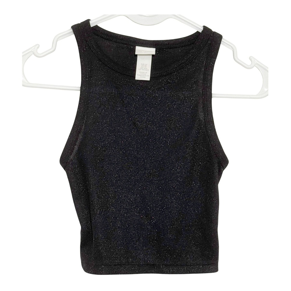 H&M Tank Top Black Shimmery Metallic Cropped Racerback Women XS Sparkle Party